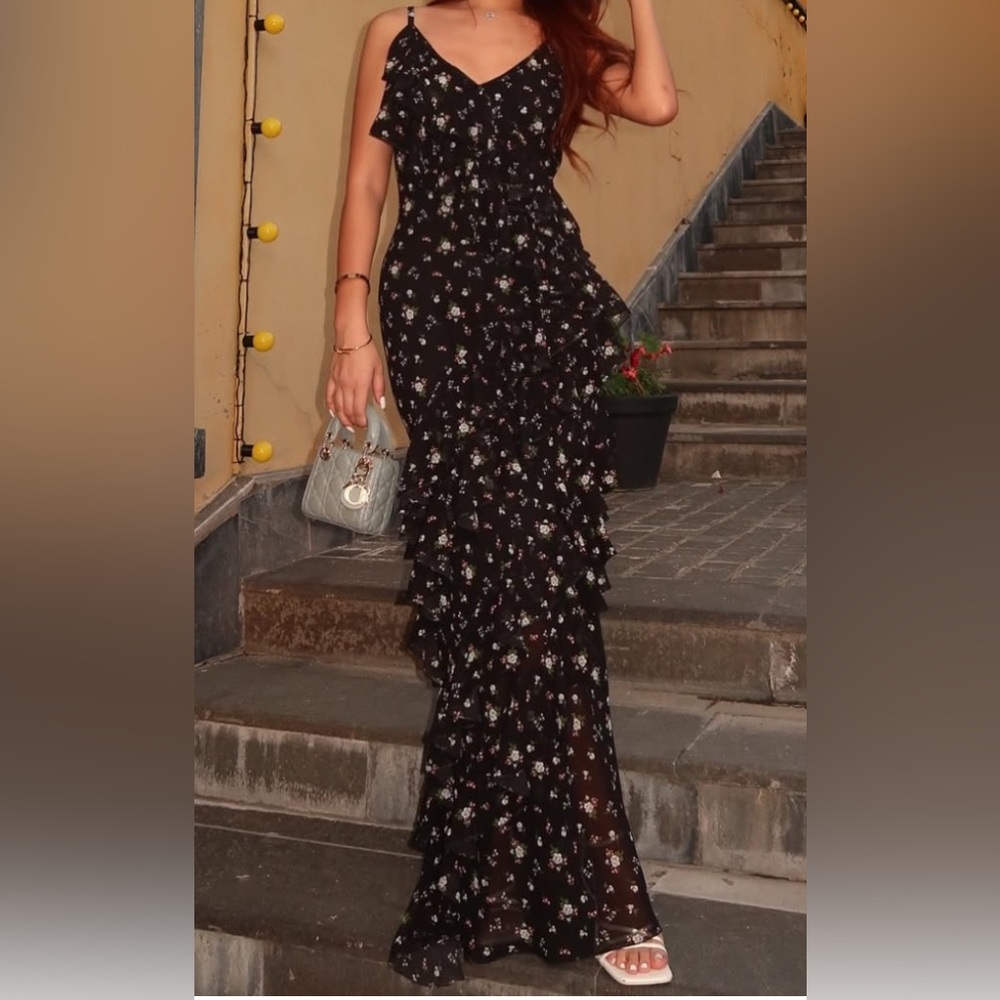 Floral Black Ruffle Dress